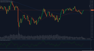 Gráfico EUR / USD mostrando resistência em 1,0214 com RSI ganhando impulso.