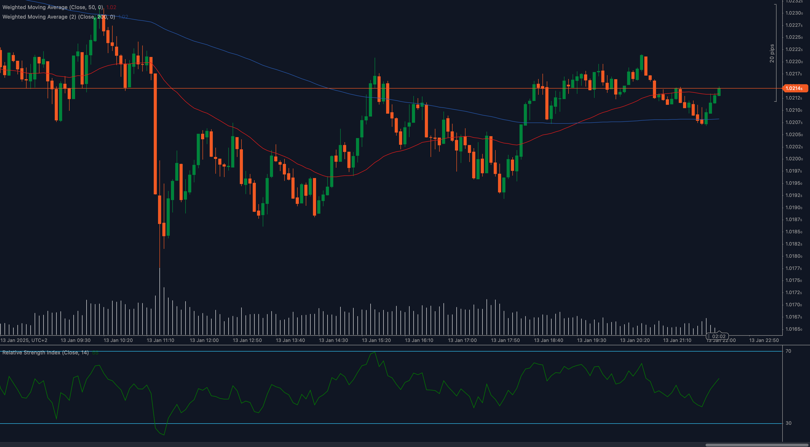 EUR/USD chart showing resistance at 1.0214 with RSI gaining momentum.